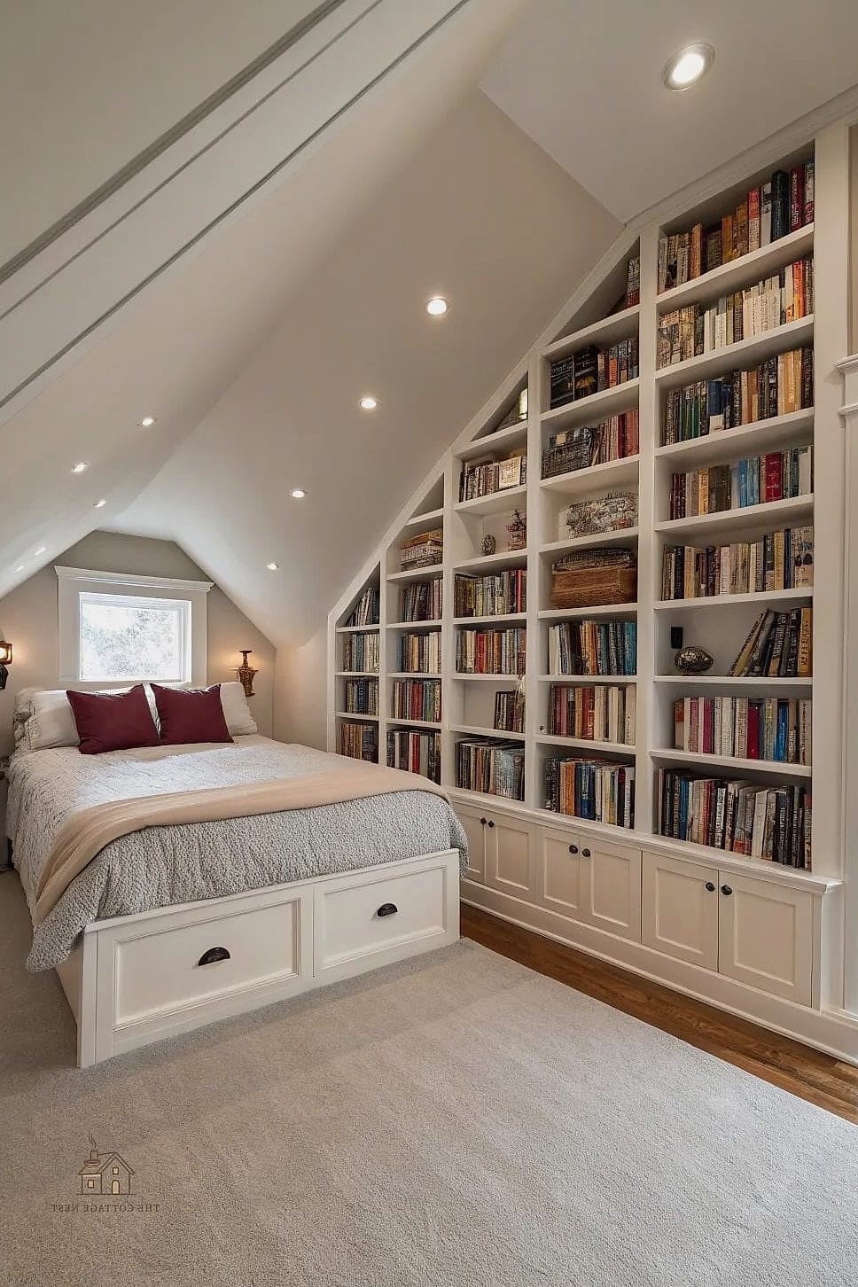 23 Clever Attic Bedroom Ideas for Every Style 17 Add Built-In Shelving Along the Kneewall