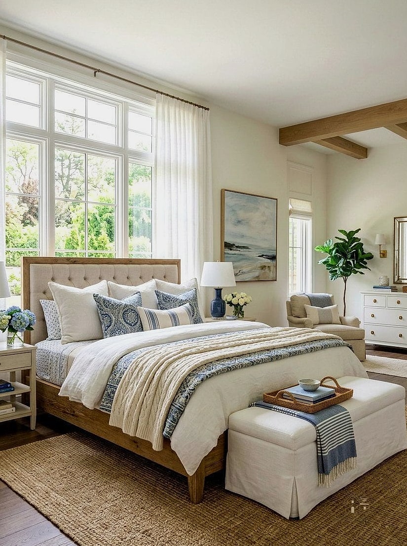 35 Gorgeous Coastal Bedroom Ideas That Are Totally Doable 27 Add a Slipcovered Bench at the Foot of the Bed