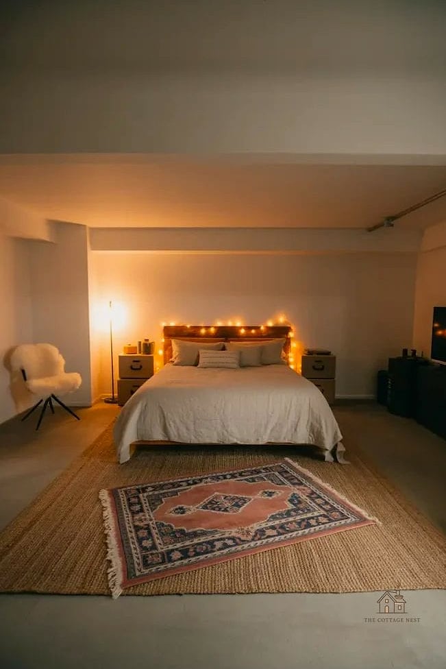 30 Amazing Basement Bedroom Ideas on a Budget 29 Add a Small Rug Layering Trick for Texture