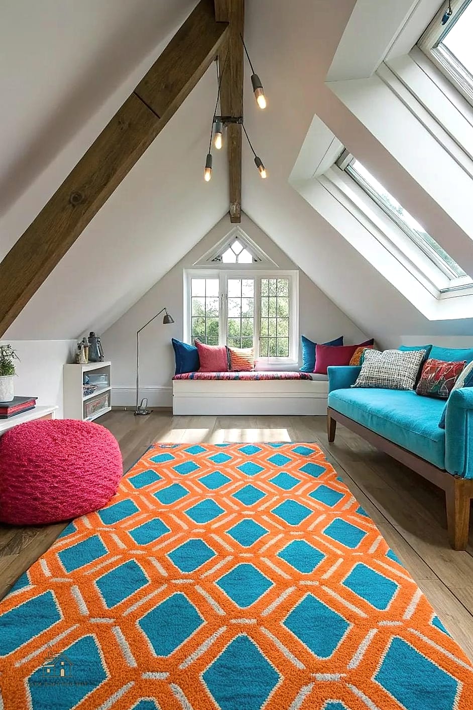 23 Clever Attic Bedroom Ideas for Every Style 10 Add a Statement Rug to Ground the Room