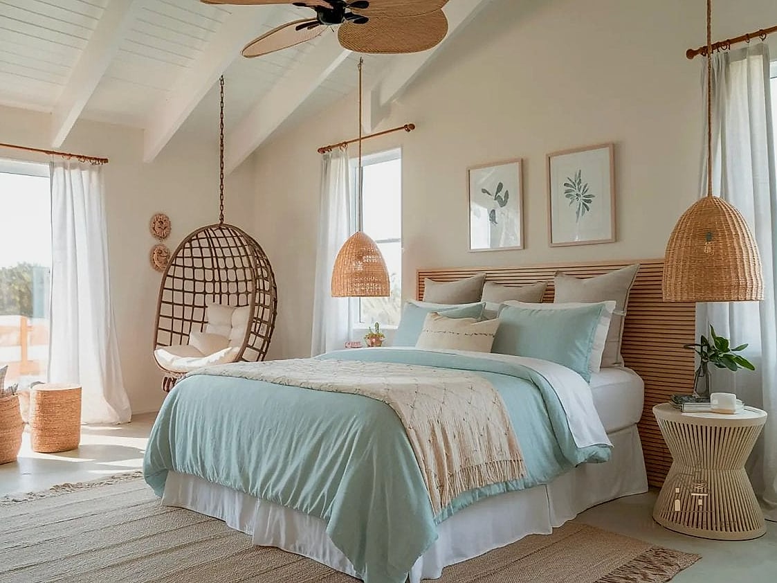 35 Gorgeous Coastal Bedroom Ideas That Are Totally Doable 12 Add Woven Pendant Lighting