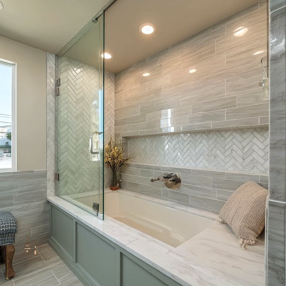 Alcove Tub Under a Rainfall Shower Head