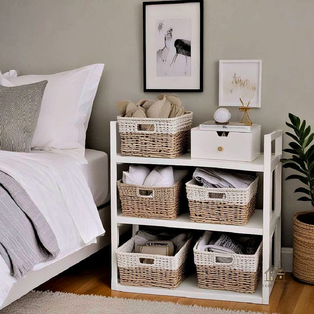 24 Clever Small Bedroom Storage Ideas for Every Style 9 Baskets on Open Shelving