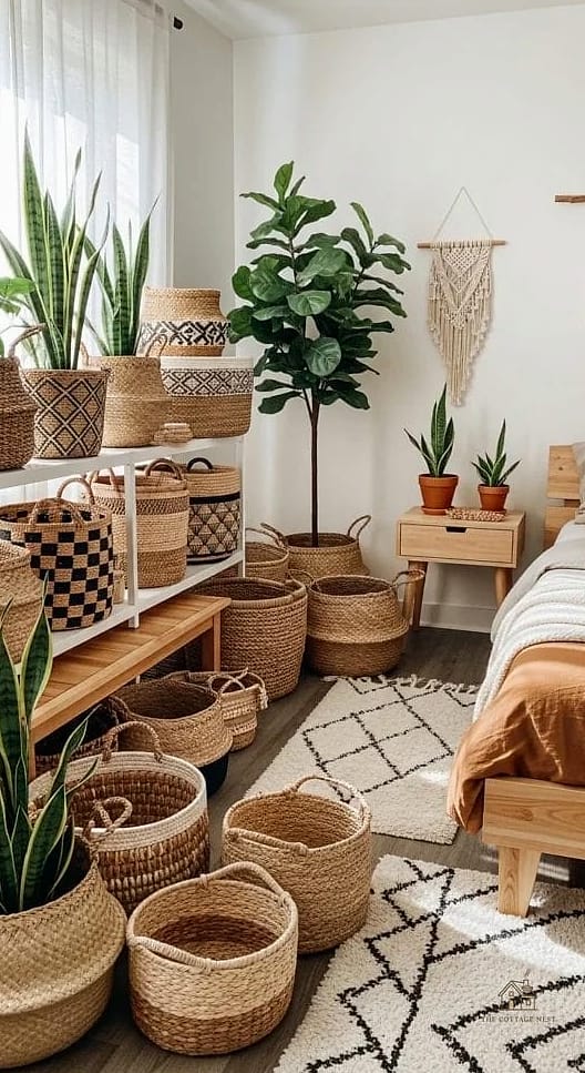 35 Chic Bedroom Storage Ideas for a Beautiful Home 6 Baskets on Open Shelving