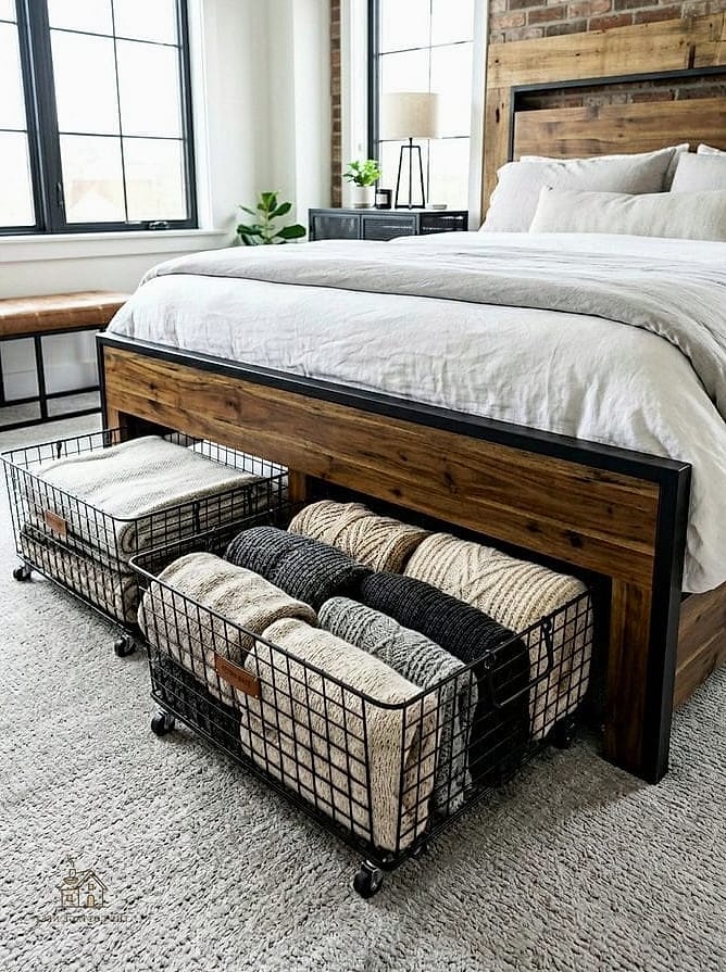 35 Chic Bedroom Storage Ideas for a Beautiful Home 20 Baskets Under a Bench or Bed Frame