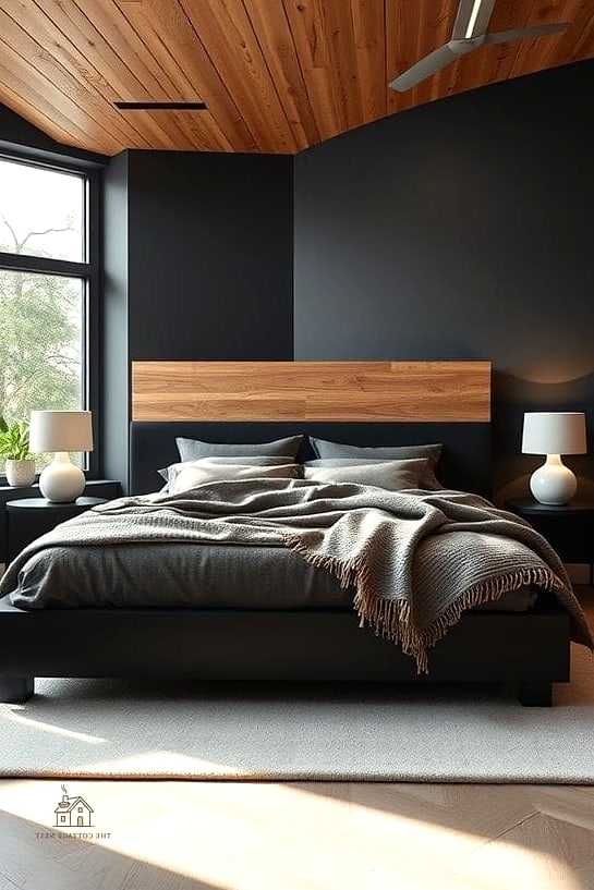 25 Creative Black Bedroom Ideas That Will Inspire You 11 Black Bedroom with Warm Wood Flooring