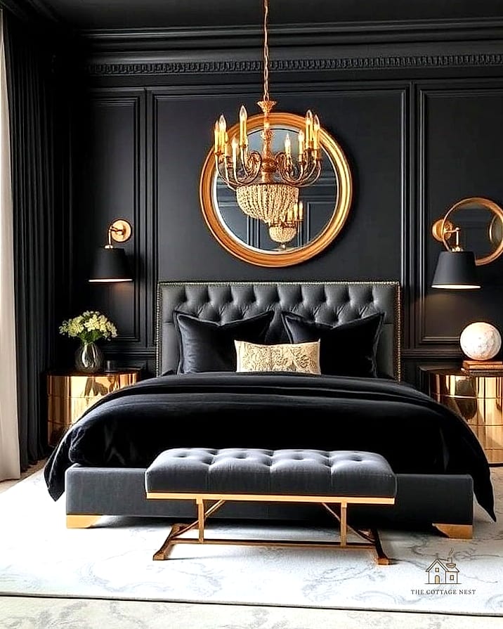 25 Creative Black Bedroom Ideas That Will Inspire You 17 Black Bedroom with Metallic Accents