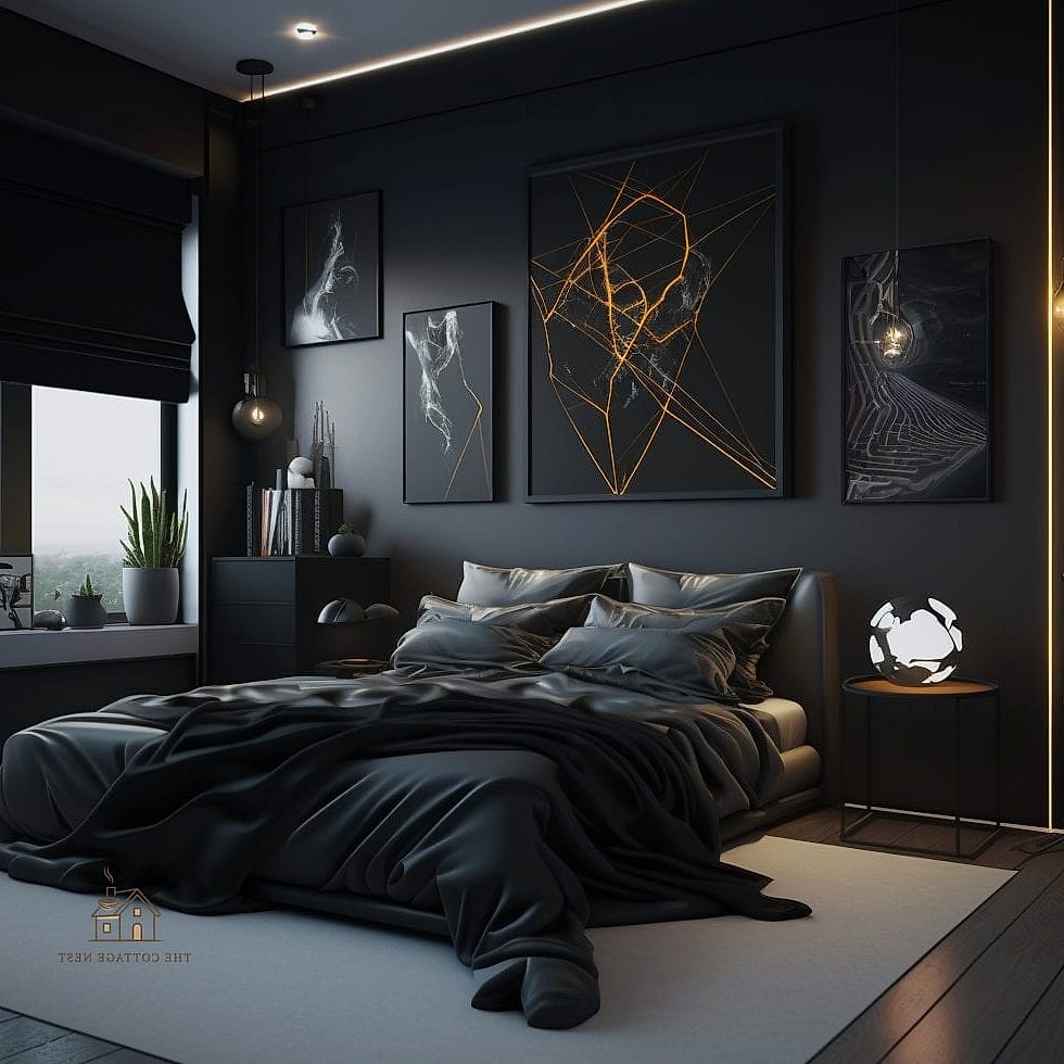 25 Creative Black Bedroom Ideas That Will Inspire You 19 Black Bedroom with Statement Art