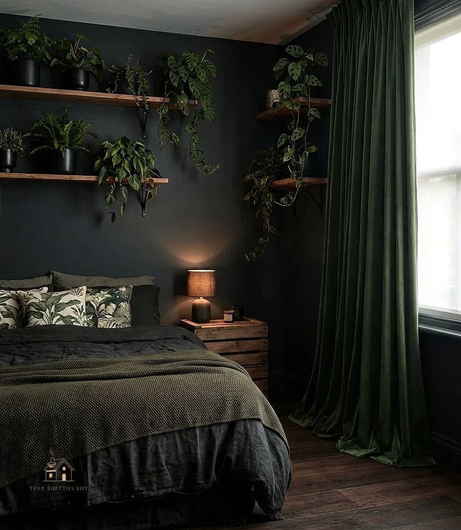 25 Creative Black Bedroom Ideas That Will Inspire You 23 Black Bedroom with Botanical Touches
