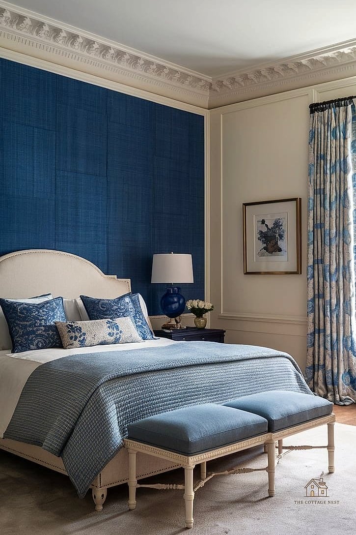 35 Gorgeous Blue And Cream Bedroom Ideas That Are Totally Doable 30 Blue Accent Wall Behind Open Shelving