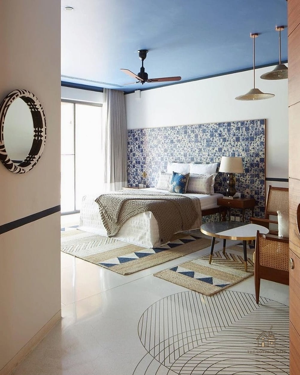 35 Gorgeous Blue Bedroom Ideas That Are Totally Doable 29 Blue Accent Ceiling with Wood Beams
