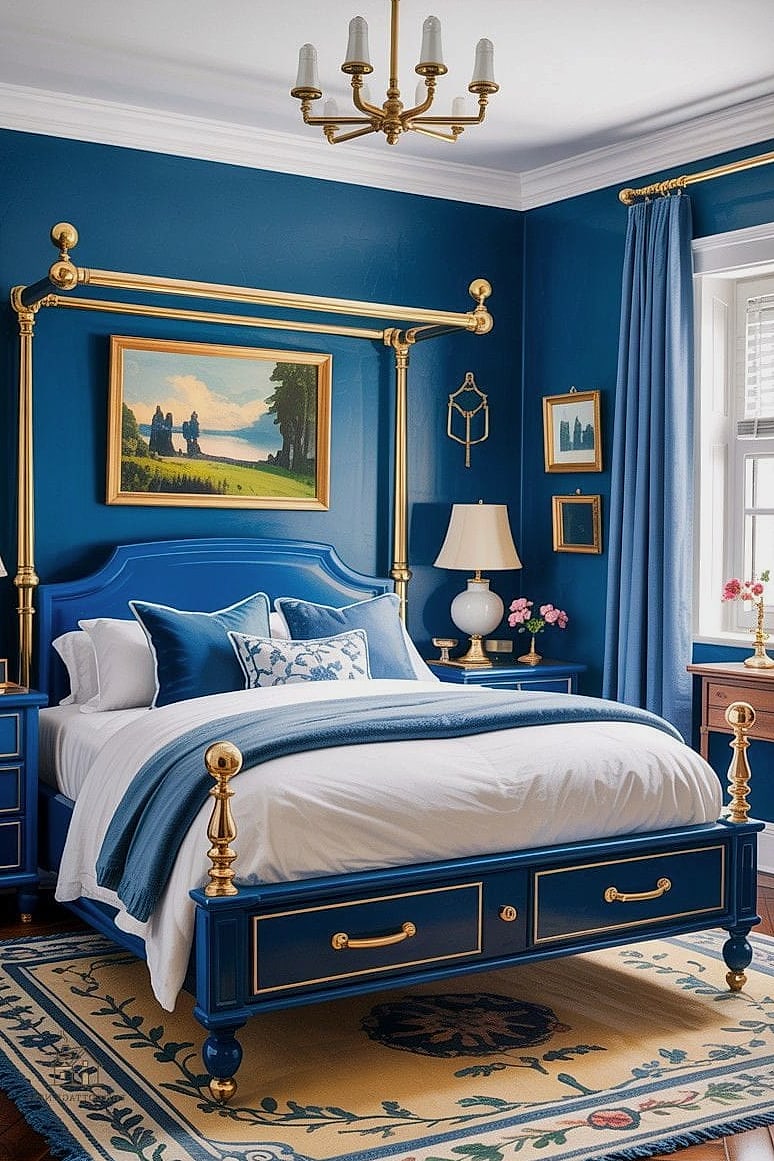 30 Cozy Blue Bedroom Decor Ideas Worth Pinning 22 Blue and Brass Hardware Combo