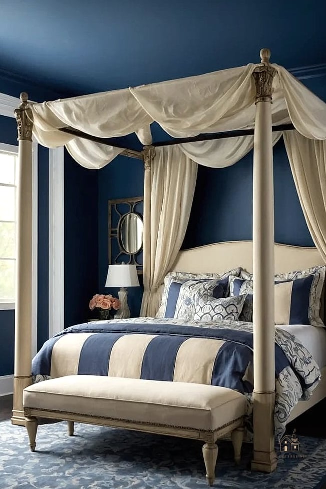 35 Gorgeous Blue And Cream Bedroom Ideas That Are Totally Doable 21 Blue Canopy Bed with Cream Curtains