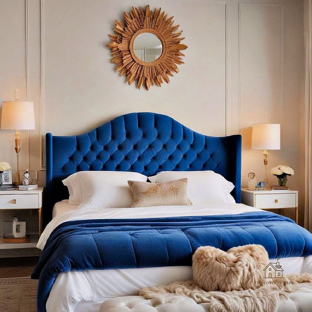 35 Gorgeous Blue And Cream Bedroom Ideas That Are Totally Doable 5 Blue Velvet Headboard
