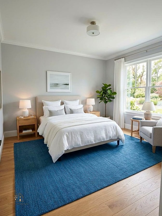30 Cozy Blue Bedroom Decor Ideas Worth Pinning 30 Blue Vintage Rug Layered on Wood Floors