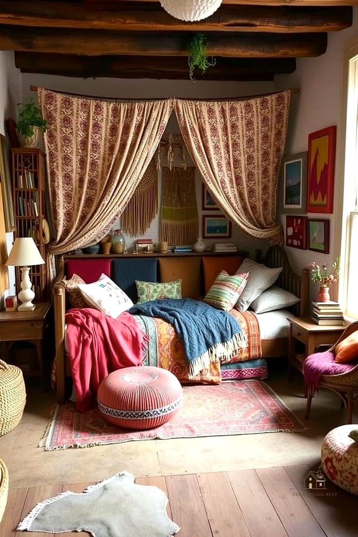 Boho Corner Bed with Layered Textiles