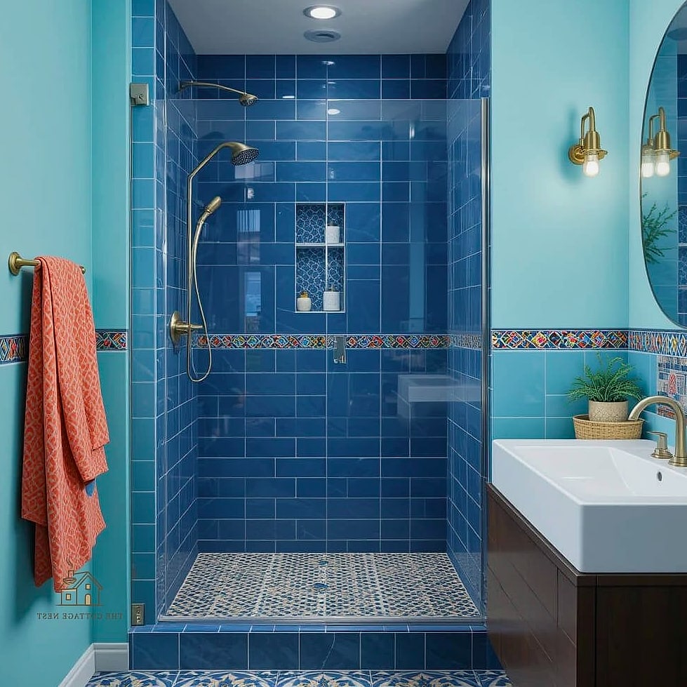Bold Color Tile Shower with Contrasting Tub