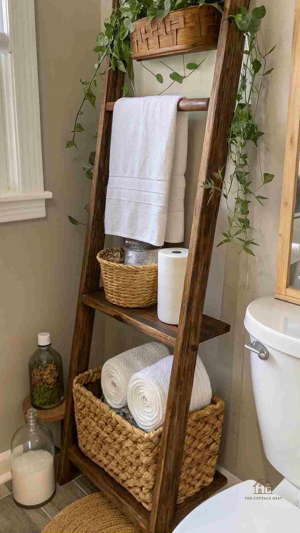 35 Chic Back Of Toilet Decor Ideas for a Beautiful Home 10 Bookshelf Ladder with Baskets
