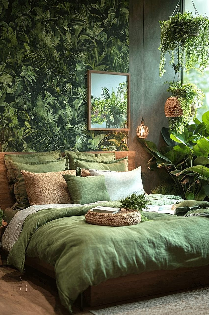 23 Dreamy Green Bedroom Ideas to Try This Season 6 Botanical Wallpaper Feature Wall