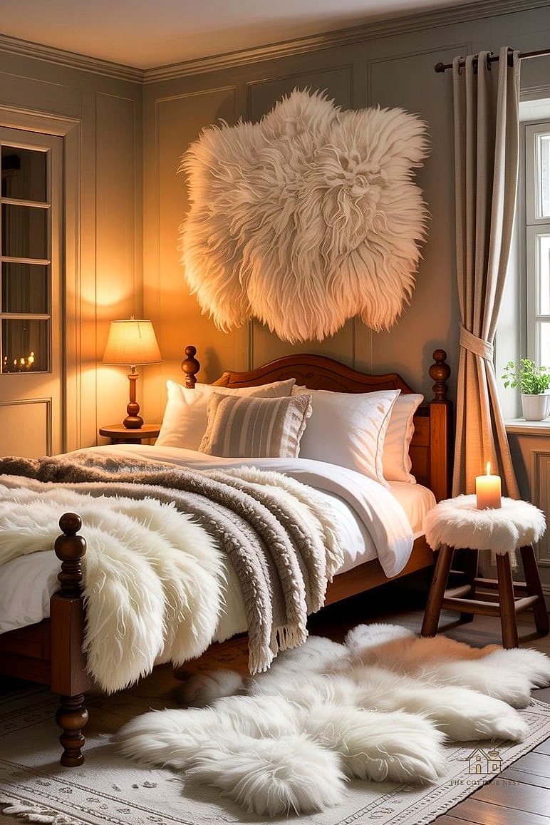 20 Dreamy Scandinavian Bedroom Ideas to Try This Season 7 Bring in a Sheepskin or Faux Fur Rug