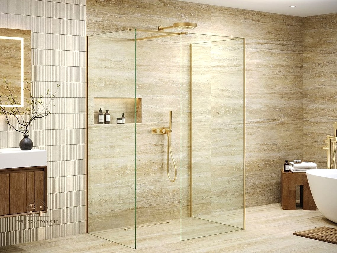 30 Dreamy Walk In Shower With Half Wall to Try This Season 8 Brushed Brass Frame Accent
