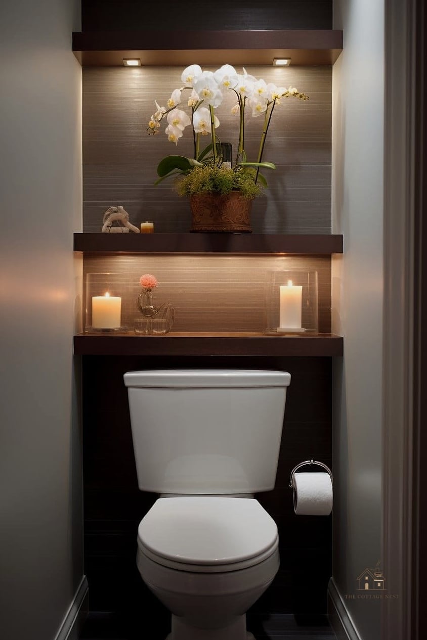 35 Chic Back Of Toilet Decor Ideas for a Beautiful Home 12 Built-In Niche Shelving