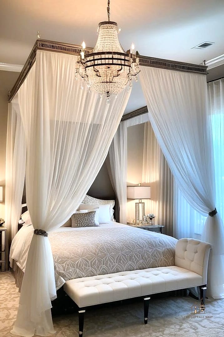 19 Creative Bedroom Chandelier Ideas That Will Inspire You 11 Chandelier Paired with a Canopy Bed
