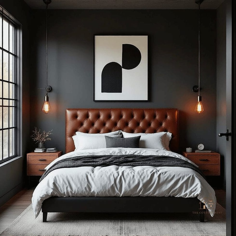 35 Brilliant Mens Bedroom Ideas to Copy Right Now 2 Charcoal Walls with Warm Wood Accents