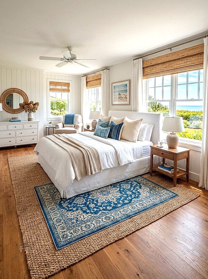 35 Gorgeous Coastal Bedroom Ideas That Are Totally Doable 10 Choose a Sisal or Seagrass Rug