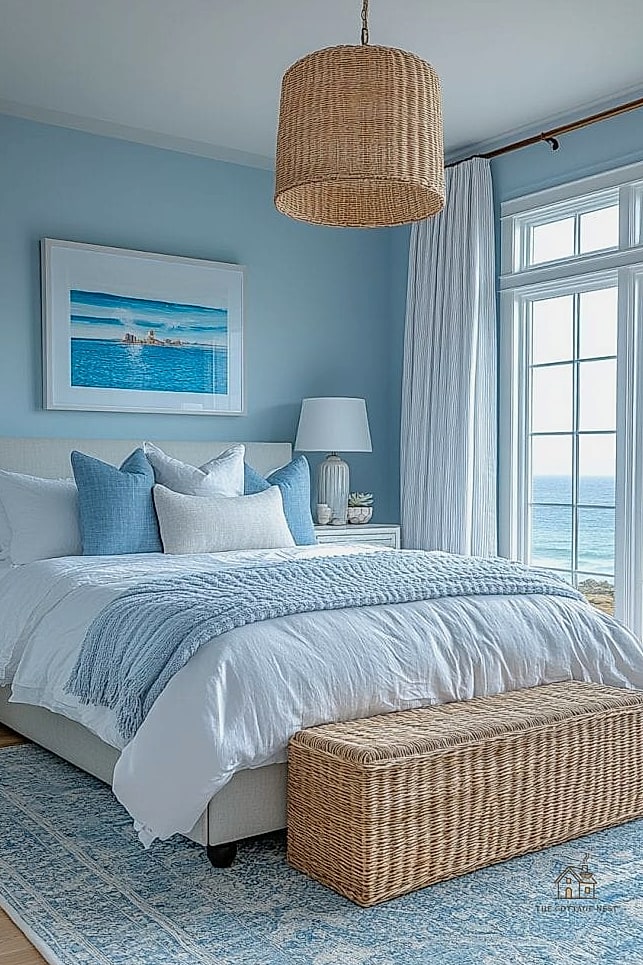 Coastal White Bedroom with Blue Accents