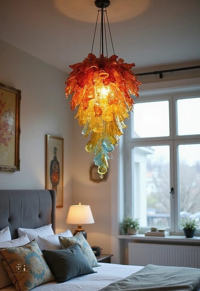 19 Creative Bedroom Chandelier Ideas That Will Inspire You 12 Colored Glass Chandelier for a Pop of Personality