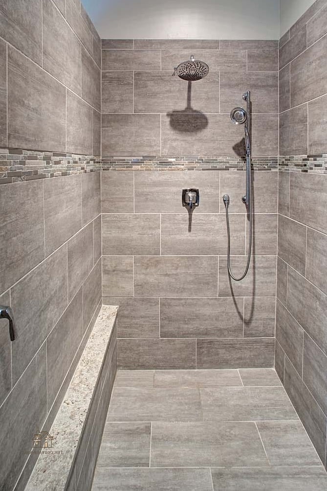 Concrete-Look Tile Shower with Modern Freestanding Tub