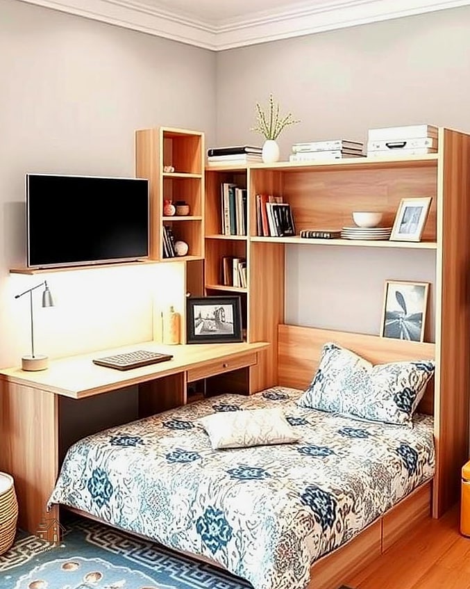 Corner Bed with a Built-In Desk