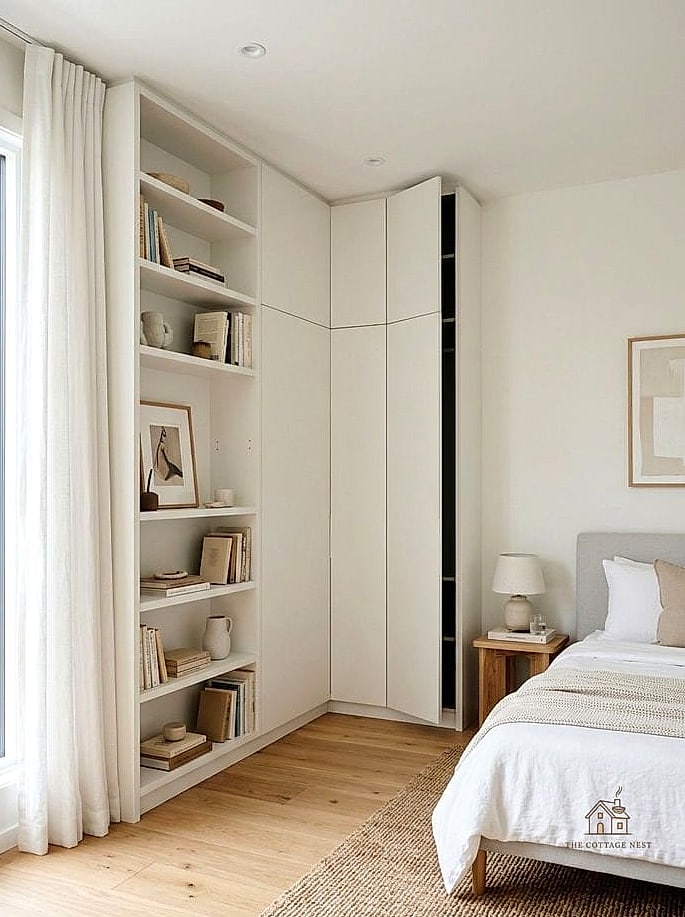 24 Clever Small Bedroom Storage Ideas for Every Style 8 Corner Shelving Units