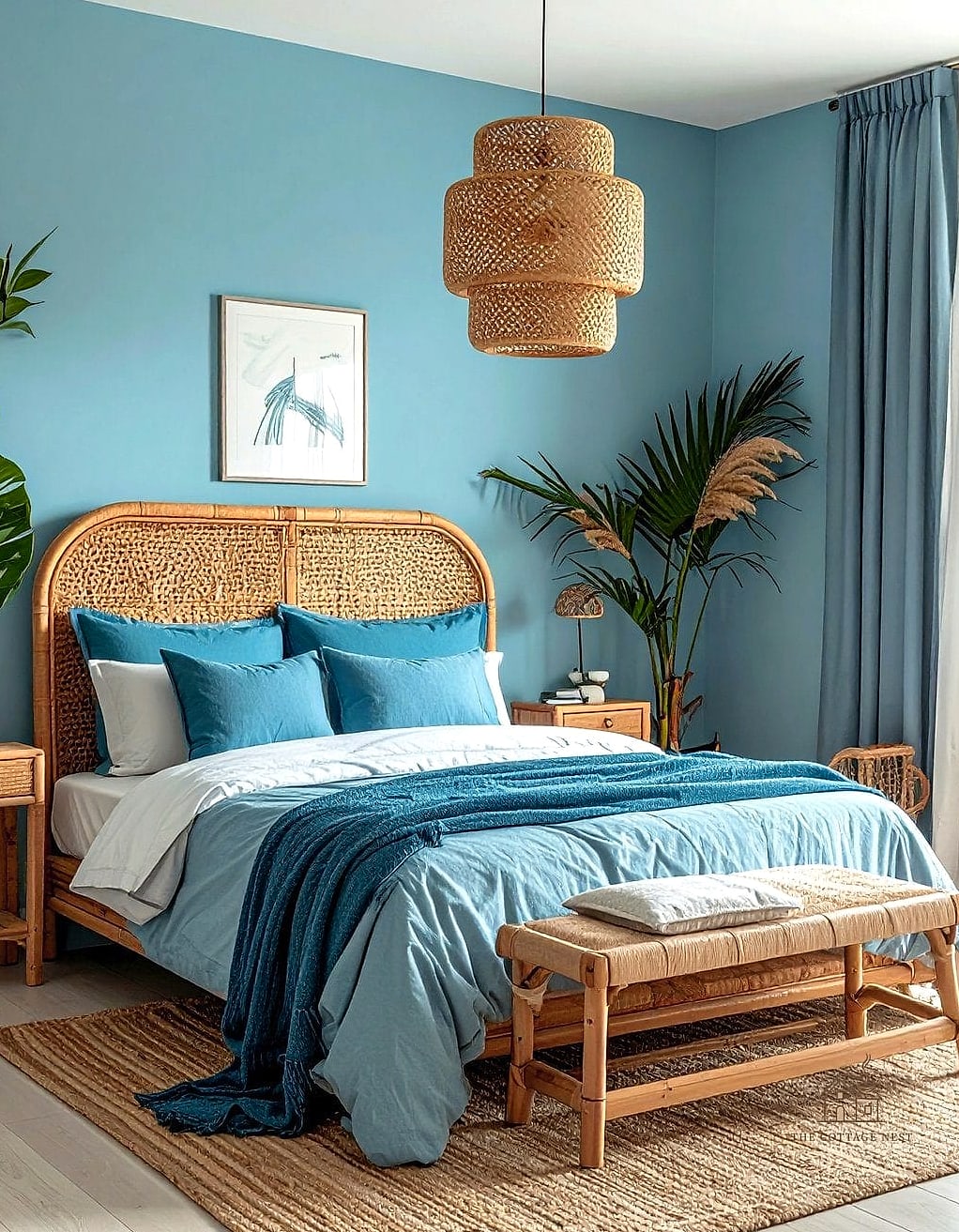 35 Gorgeous Blue Bedroom Ideas That Are Totally Doable 12 Cornflower Blue with Rattan Accents