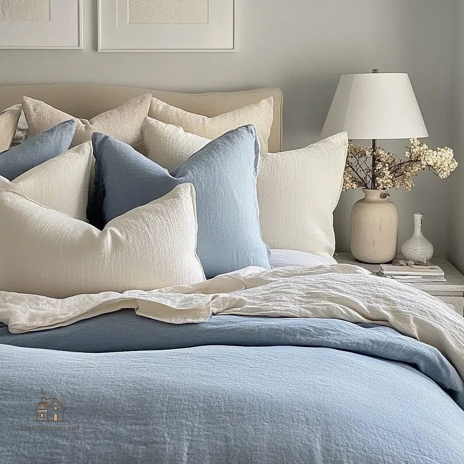 35 Gorgeous Blue And Cream Bedroom Ideas That Are Totally Doable 6 Cream Linen Bedding with Navy Piping
