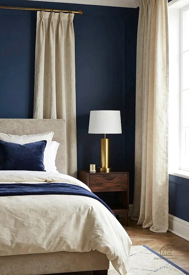 35 Gorgeous Blue And Cream Bedroom Ideas That Are Totally Doable 31 Cream Linen Curtains with Blue Trim