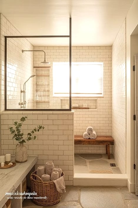 35 Stunning Farmhouse Walk In Shower Ideas You'll Absolutely Love 22 Cream Subway Tile Instead of White