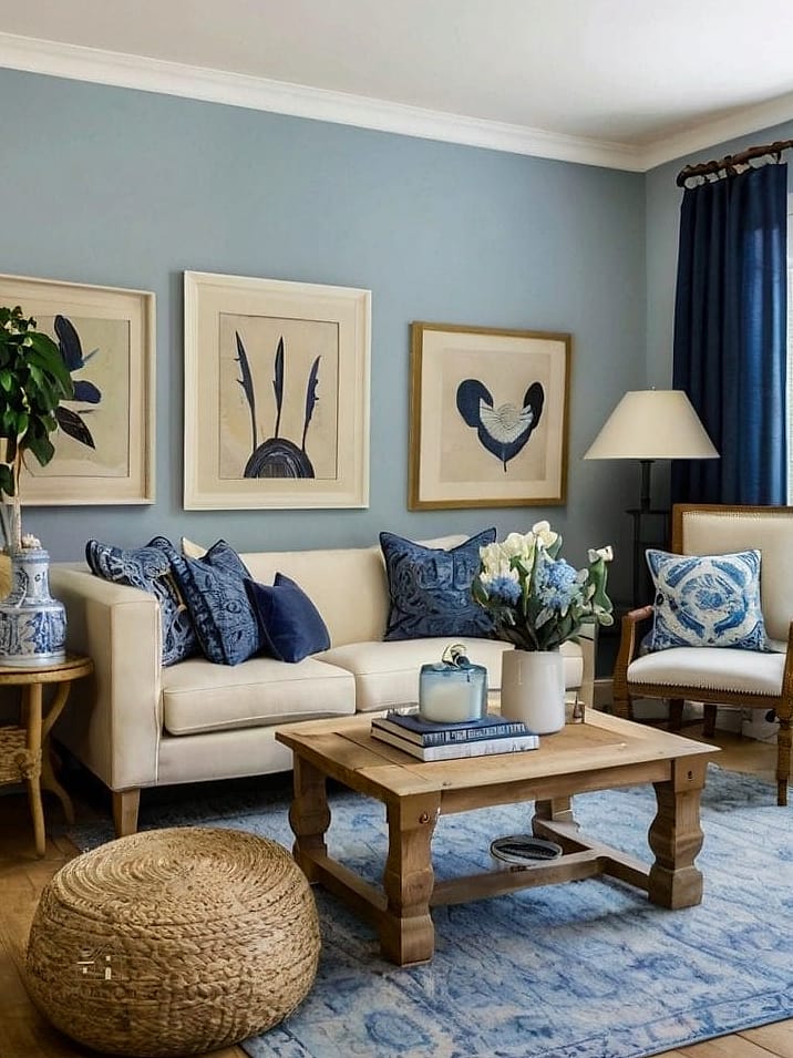 35 Gorgeous Blue And Cream Bedroom Ideas That Are Totally Doable 23 Cream Textured Walls with Blue Art