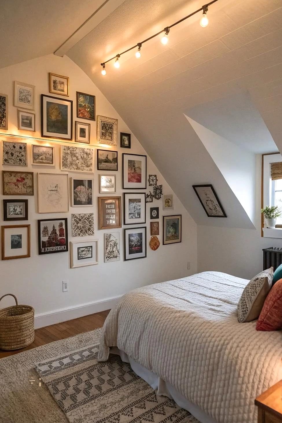 23 Clever Attic Bedroom Ideas for Every Style 15 Create a Gallery Wall on the One Flat Wall
