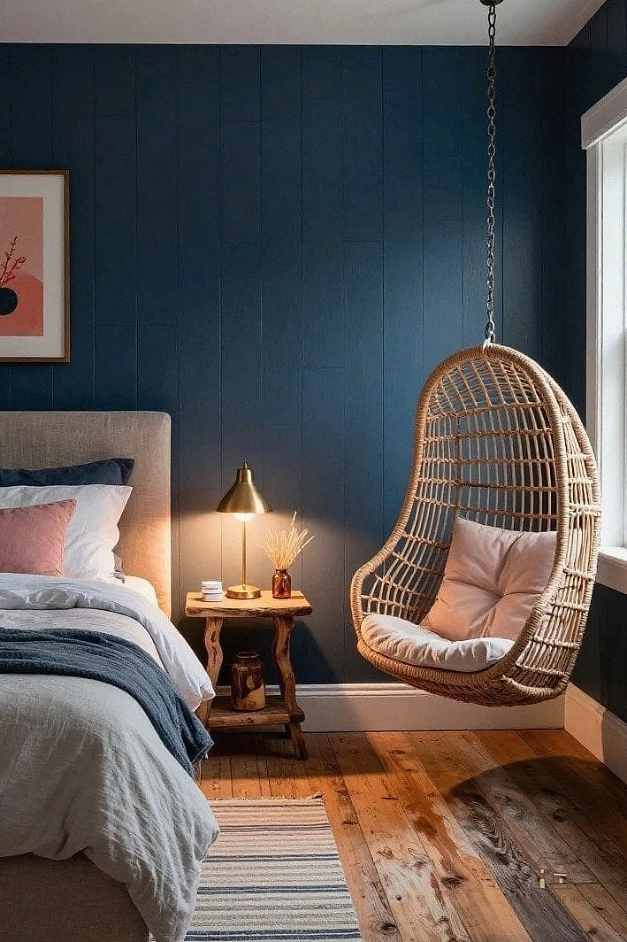 20 Cozy Dark Feminine Bedroom Ideas Worth Pinning 18 Dark Navy Walls with Metallic Wallpaper Ceiling