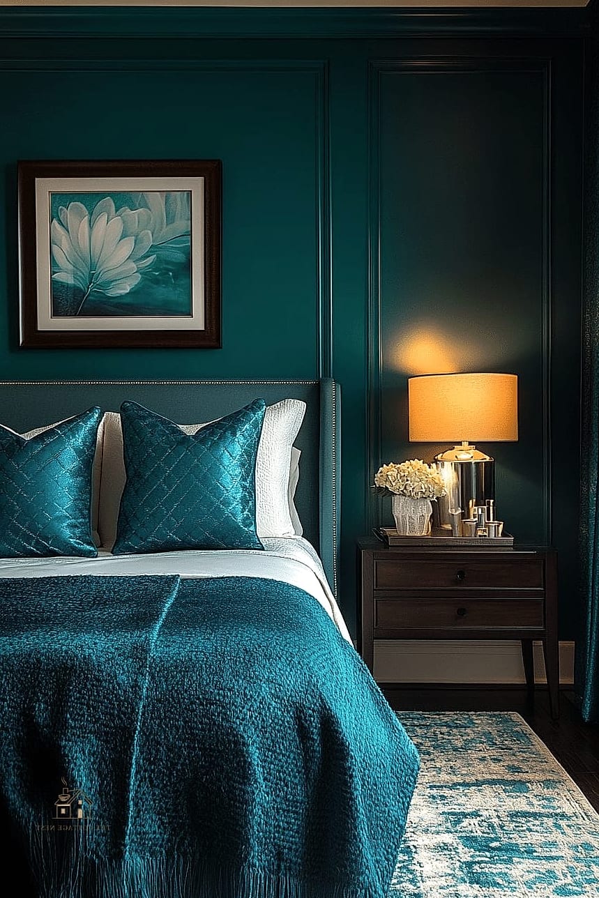 30 Cozy Blue Bedroom Decor Ideas Worth Pinning 24 Dark Teal Built-In Shelving