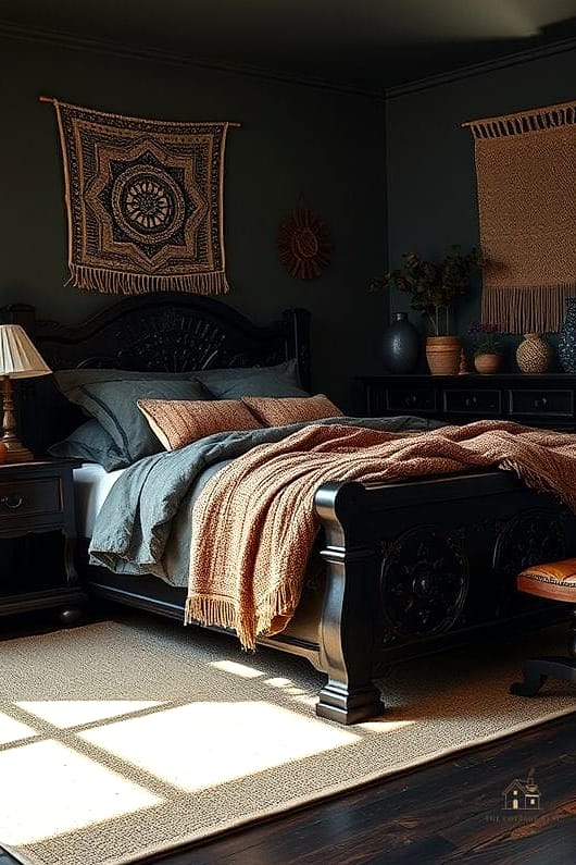 20 Cozy Dark Feminine Bedroom Ideas Worth Pinning 13 Dark Wood Four-Poster Bed