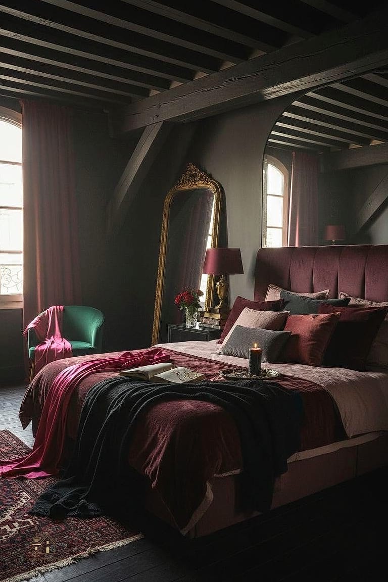 20 Cozy Dark Feminine Bedroom Ideas Worth Pinning 2 Deep Burgundy Walls with Brass Accents