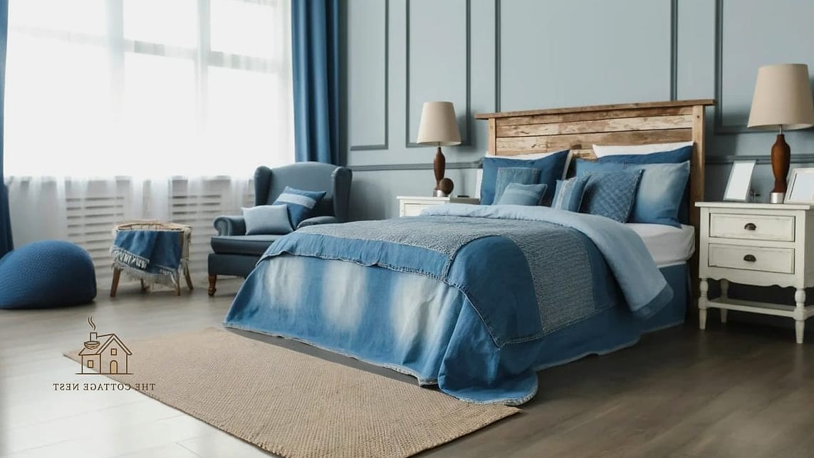 35 Chic Bedroom Feature Wall Ideas for a Beautiful Home 28 Denim Blue Grasscloth or Textured Wallpaper
