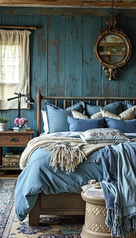24 Beautiful Blue And Cream Bedroom Ideas to Transform Your Space 19 Denim Blue and Cream Boho Bedroom