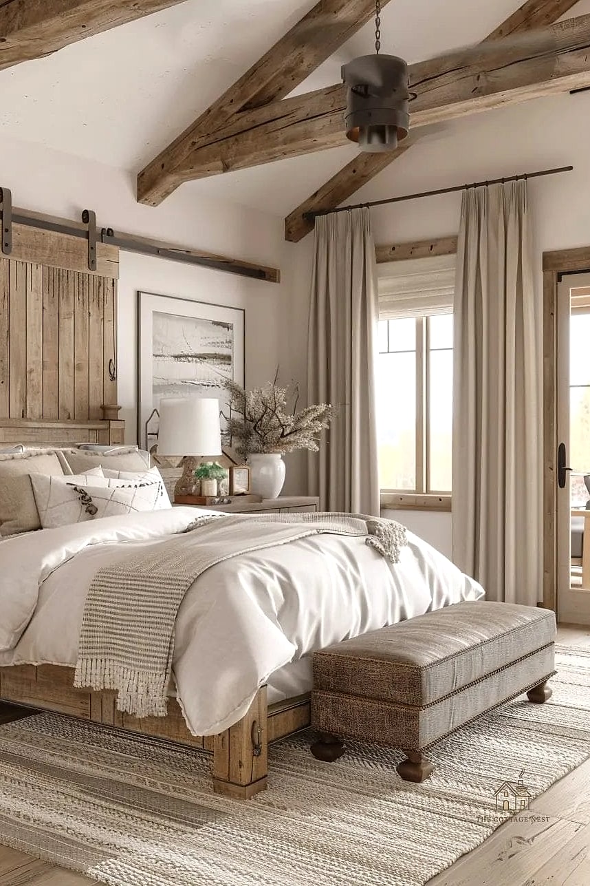 Distressed Wood Bench at Bed's Foot