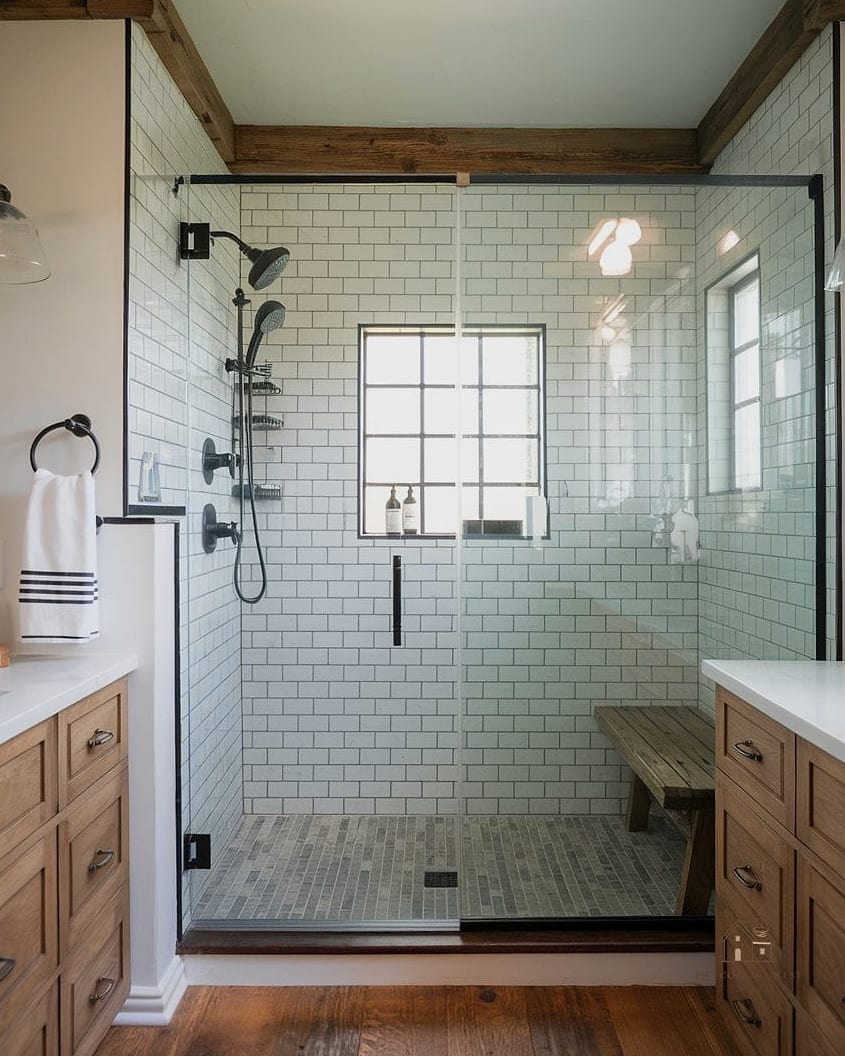 35 Stunning Farmhouse Walk In Shower Ideas You'll Absolutely Love 19 Double Shower Heads