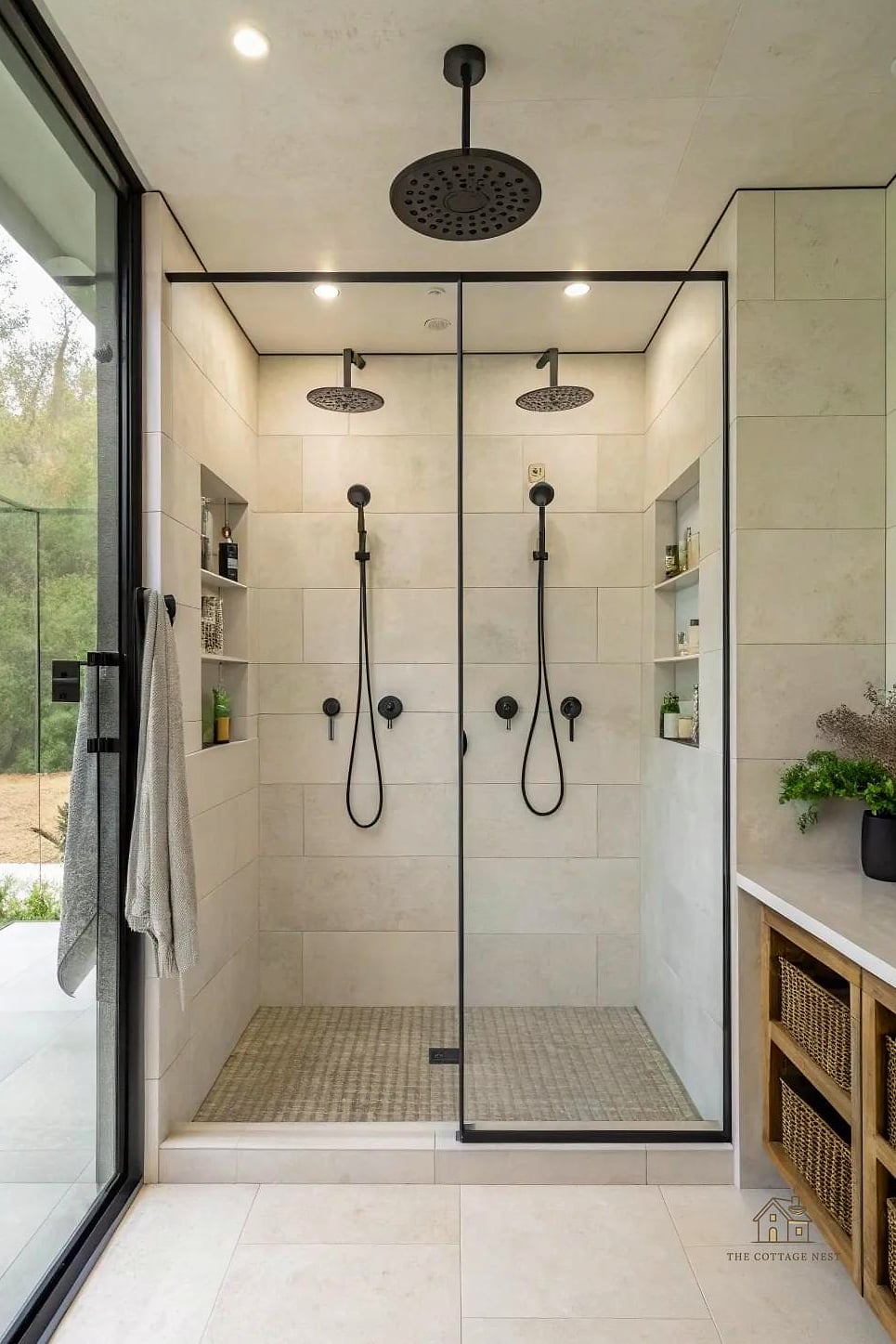 Double Shower Head Setup Around a Central Tub