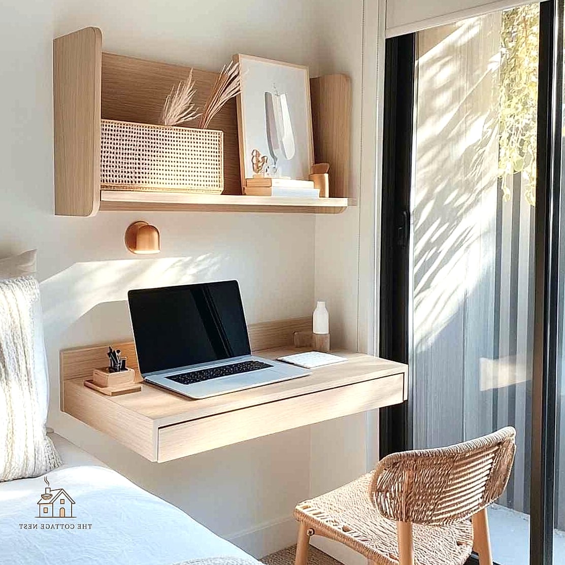 35 Chic Bedroom Storage Ideas for a Beautiful Home 30 A Floating Desk with Storage Cubbies
